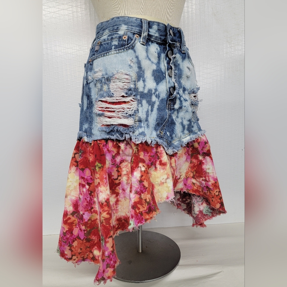 Upcycled Denim & Floral Corduroy Skirt